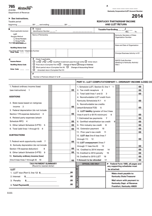 Fillable Form 765 - Kentucky Partnership Income And Llet Return - 2014 Printable pdf