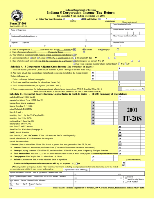 Form It-20s - Indiana S Corporation Income Tax Return - Yellow Printable pdf