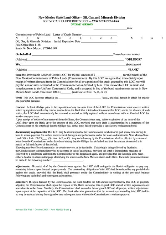 Fillable Irrevocable Letter Of Credit Form - Nm Bank - 2004 Printable pdf