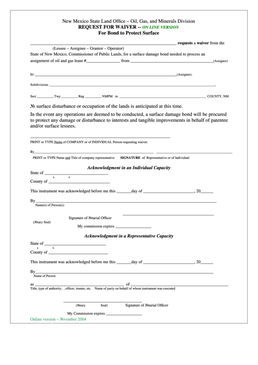 Fillable Request For Waiver Form - For Bond To Protect Surface - 2004 Printable pdf