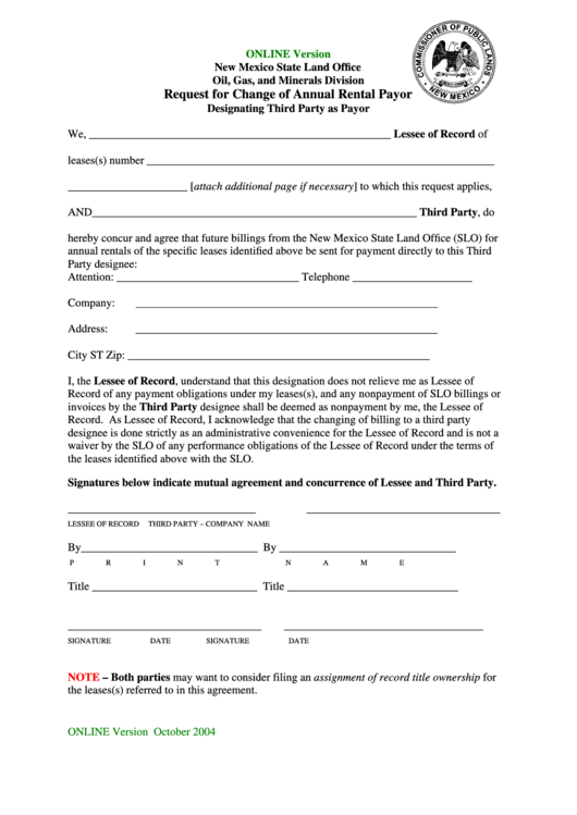 Fillable Request For Change Of Annual Rental Payor Form - Designating Third Party As Payor - 2004 Printable pdf