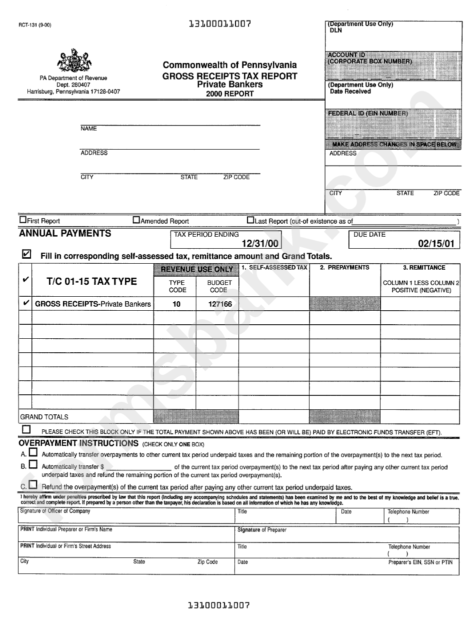 Form Rct-131 - Gross Receipts Tax Report Form Private Bankers 2000 Report - State Of Pennsylvania