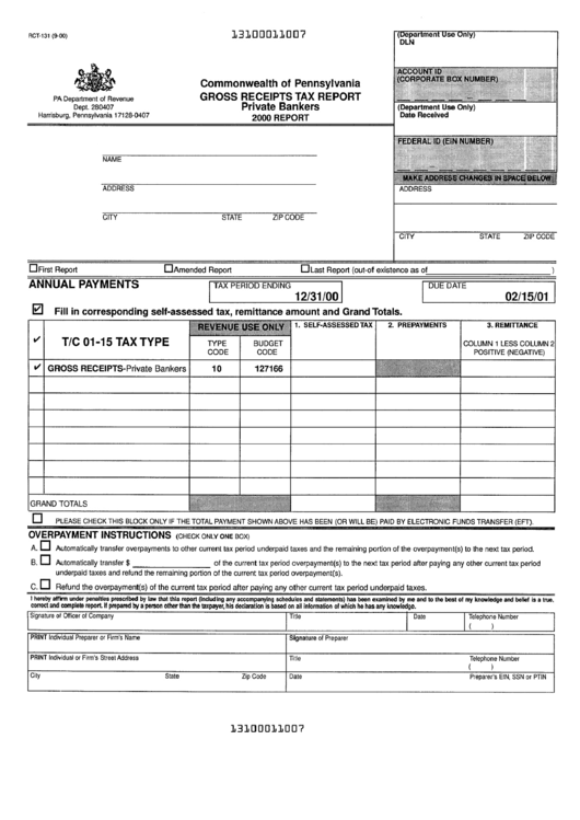 Form Rct-131 - Gross Receipts Tax Report Form Private Bankers 2000 Report - State Of Pennsylvania Printable pdf