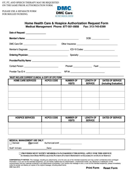 Fillable Home Health Care & Hospice Authorization Request Form Printable pdf