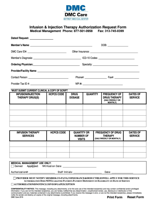 Fillable Infusion & Injection Therapy Authorization Request Form Printable pdf