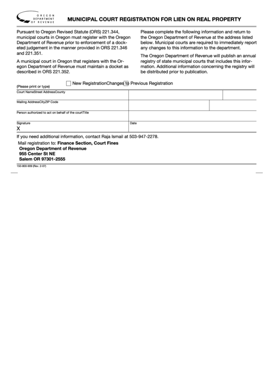 Municipal Court Registration For Lien On Real Property Form - Oregon Department Of Revenue Printable pdf
