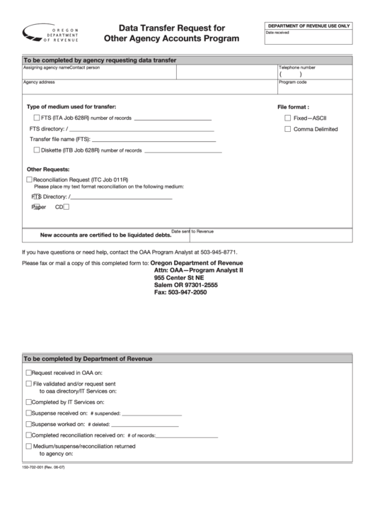 Fillable Data Transfer Request For Other Agency Accounts Program Form - Oregon Department Of Revenue Printable pdf