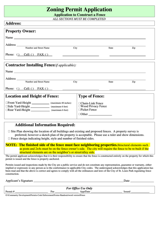 Zoning Permit Application Form - Application To Construct A Fence Printable pdf