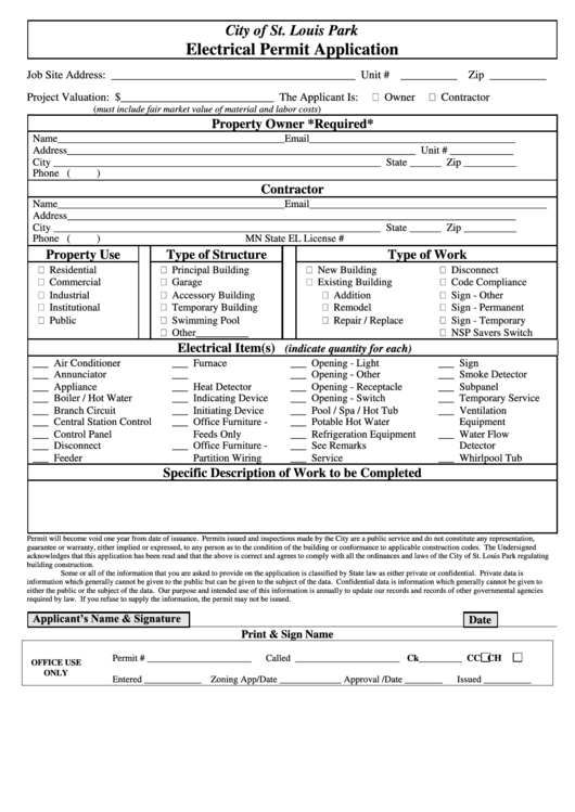 Fillable Electrical Permit Application - City Of St. Louis Park, Minnesota printable pdf download