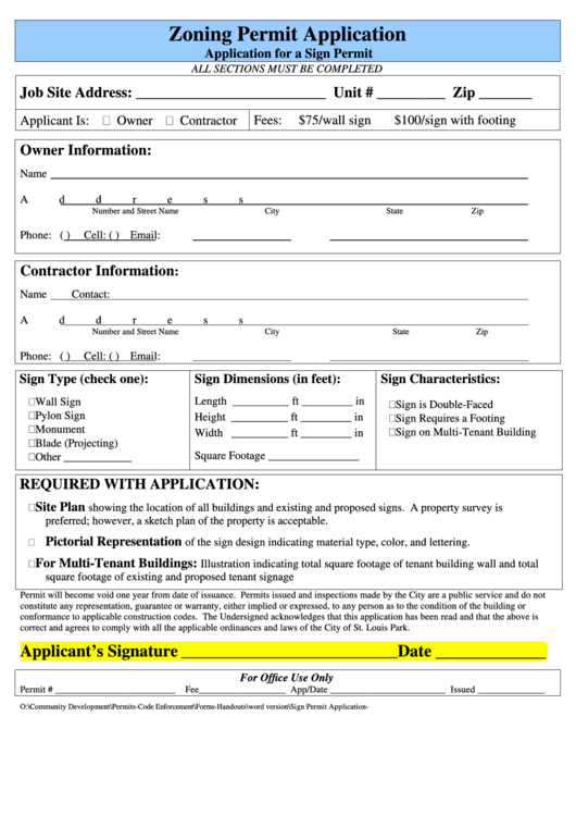 Zoning Permit Application Form - Application For A Sign Permit Printable pdf