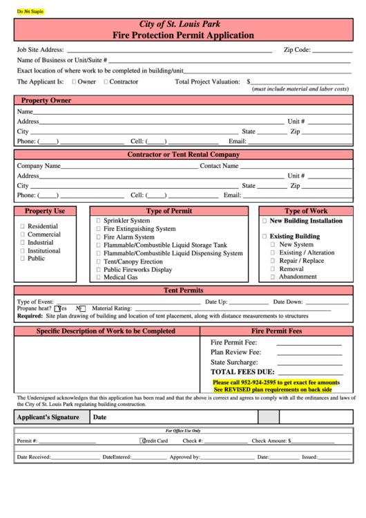 Fire Protection Permit Application Form - 2014 Printable pdf