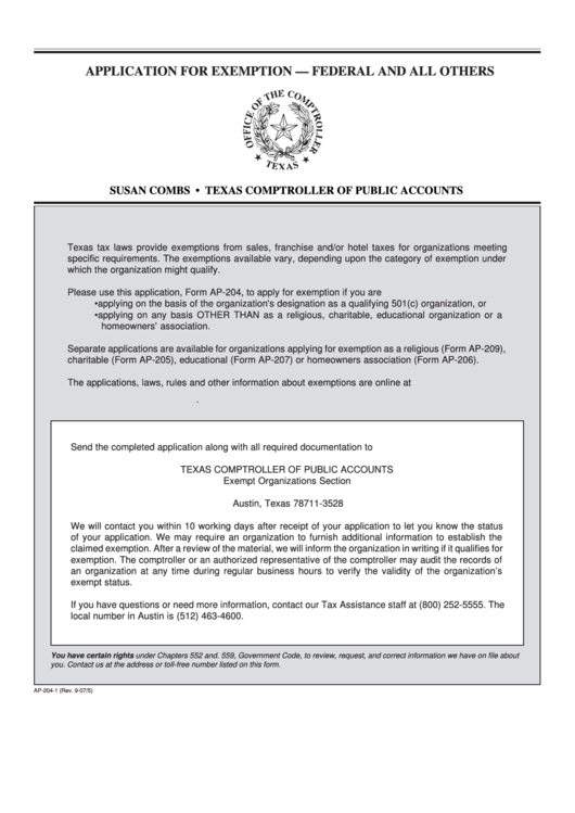 Form Ap-204-2 - 2005 - Application For Exemption - Texas Comptroller Of Public Accounts Printable pdf