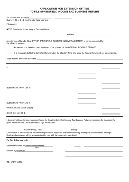 Application For Extension Of Time To File Springfield Income Tax Business Return - City Of Springfield Printable pdf
