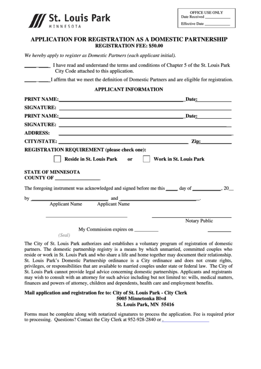 Application For Registration As A Domestic Partnership Form Printable pdf