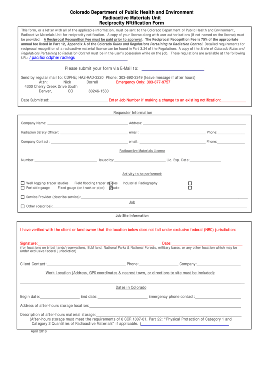 Fillable Reciprocity Notification Form - 2016 Printable pdf