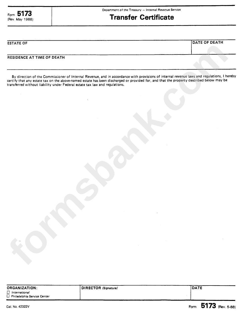 Form 5173 Transfer Certificate Form Inernal Revenue Service