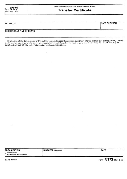 Form 5173 - Transfer Certificate Form - Inernal Revenue Service Printable pdf