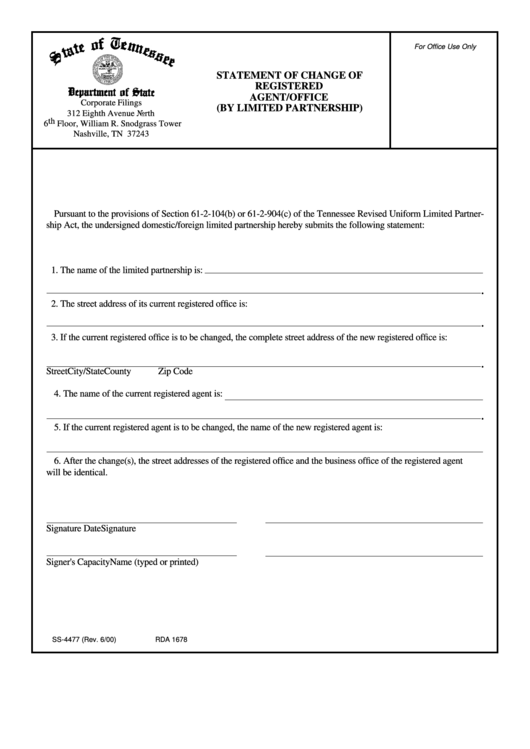 Form Ss-4477 - Statement Of Change Of Registered Agent/office (By Limited Partnership) - Department Of State - Tennessee Printable pdf