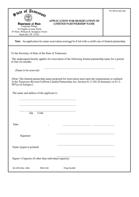Form Ss-4476 - Application For Reservation Of Limited Partnership Name - Department Of State - Tennessee Printable pdf