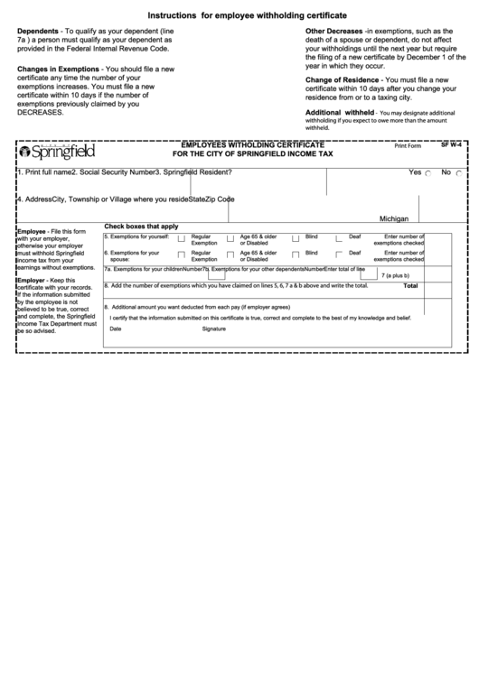 Fillable Form Sf W-4 - Employees Witholding Certificate For The City Of Springfield Income Tax Printable pdf