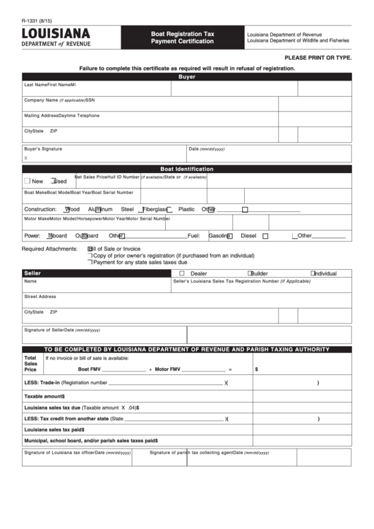 Fillable Form R-1331 - Boat Registration Tax Payment Certification - 2015 Printable pdf