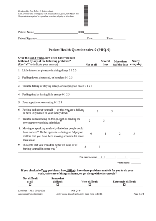 Patient Health Questionnaire9 (Phq9) printable pdf download
