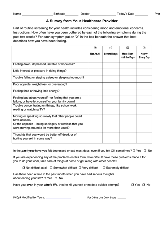 A Survey From Your Healthcare Provider Phq-9 Modified For Teens W Suicide Qs Printable pdf