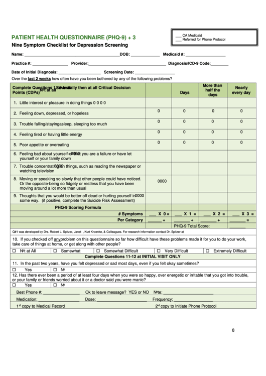 Patient Health Questionnaire (Phq-9) Printable pdf