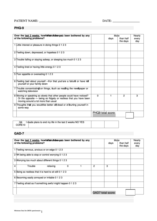 Minimum Data Set Questionnaire Phq-9 Template/form Gad-7 Printable pdf