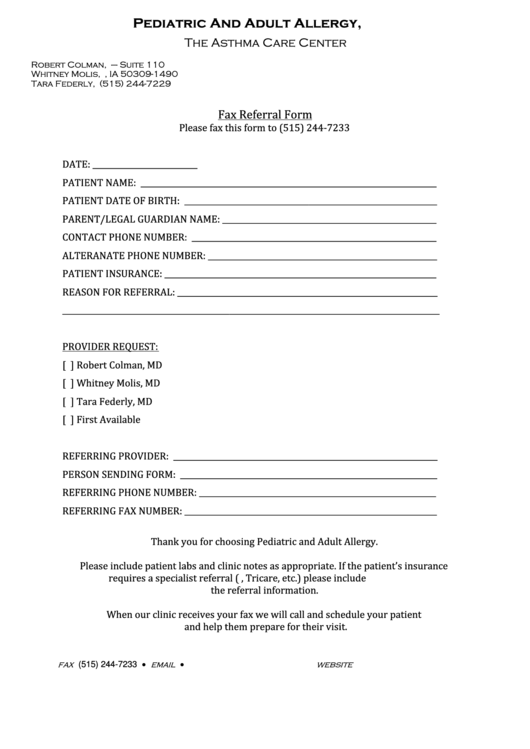 The Asthma Care Center Fax Referral Form Printable pdf
