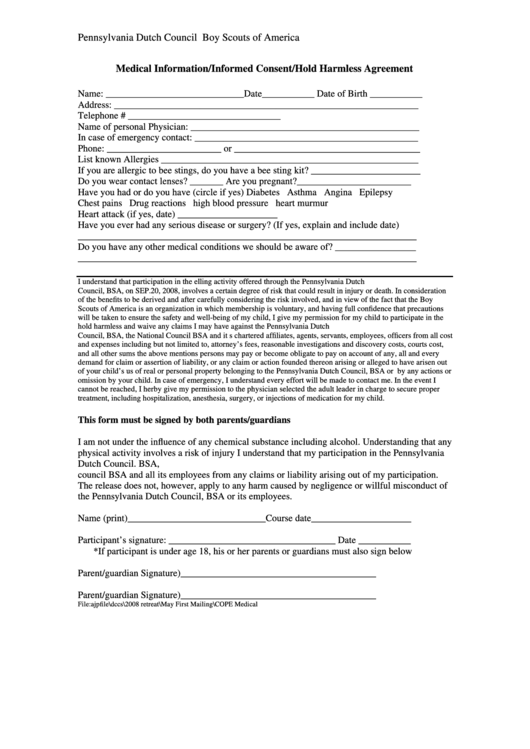 Pennsylvania Dutch Council Bsa, C.o.p.e. Program Medical Information/informed Consent/hold Harmless Agreement Printable pdf
