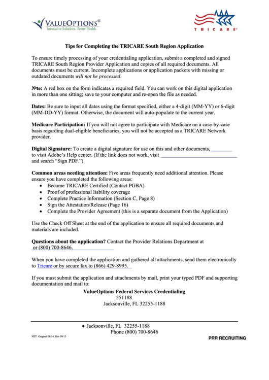 Fillable Tricare South Region Application Form Printable pdf