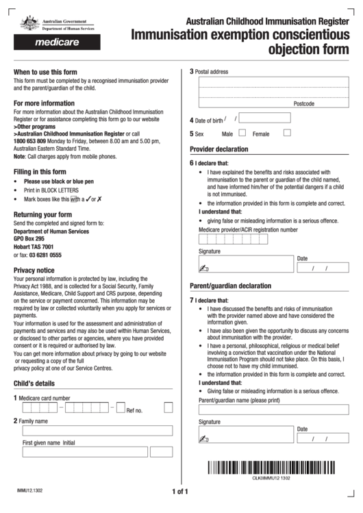 Australian Childhood Immunisation Register Immunisation Exemption Conscientious Objection Form Printable pdf