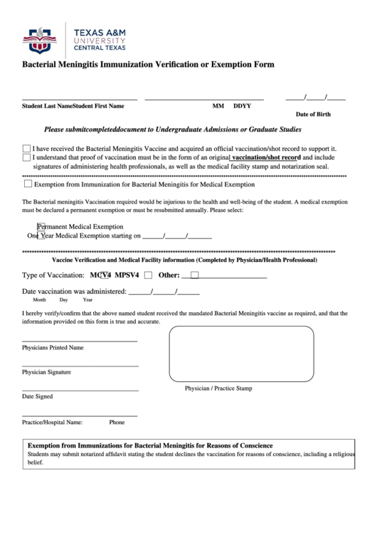 Bacterial Meningitis Immunization Verification Or Exemption Form Printable pdf