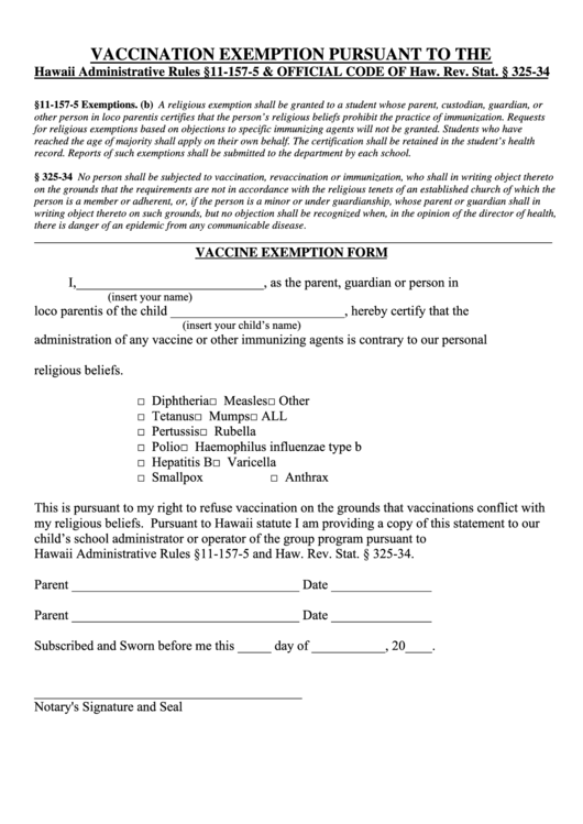 Hawaii Vaccination Exemption Form Printable pdf