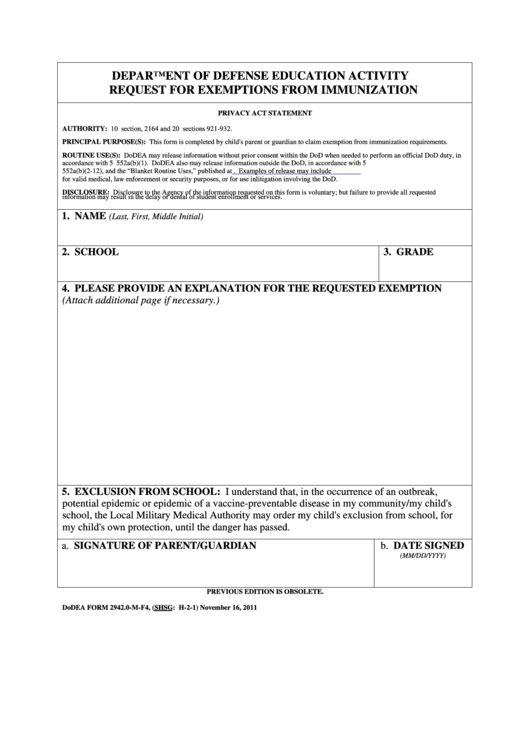 Fillable Department Of Defense Education Activity Request For Exemptions From Immunization Printable pdf