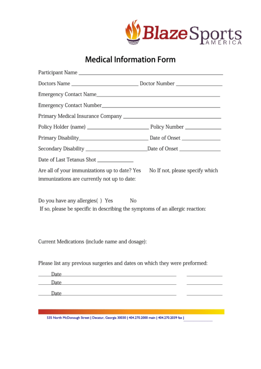 Fillable Blazesports Bsa Participant Medical Information Form Printable pdf