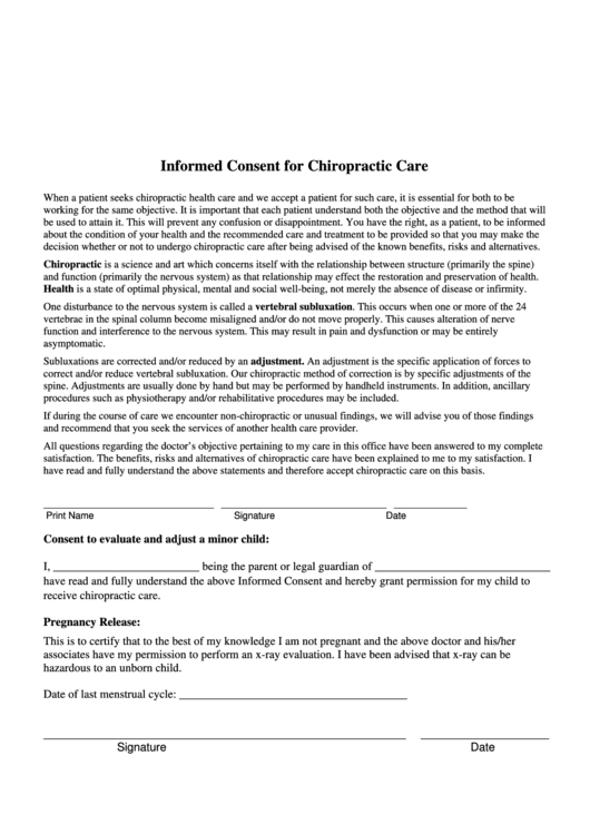 Informed Consent For Chiropractic Care Printable pdf