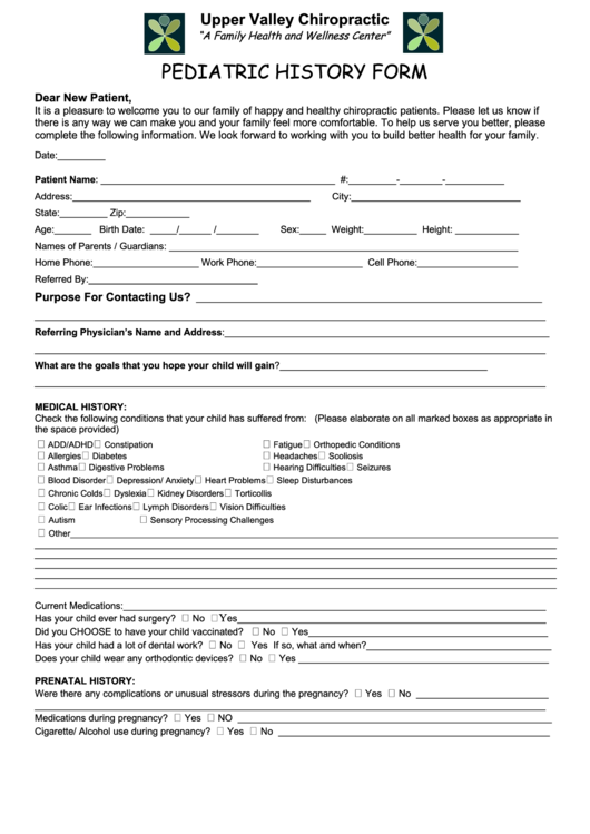 Pediatric History Form Printable Pdf Download