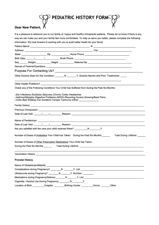 Pediatric History Form Printable pdf