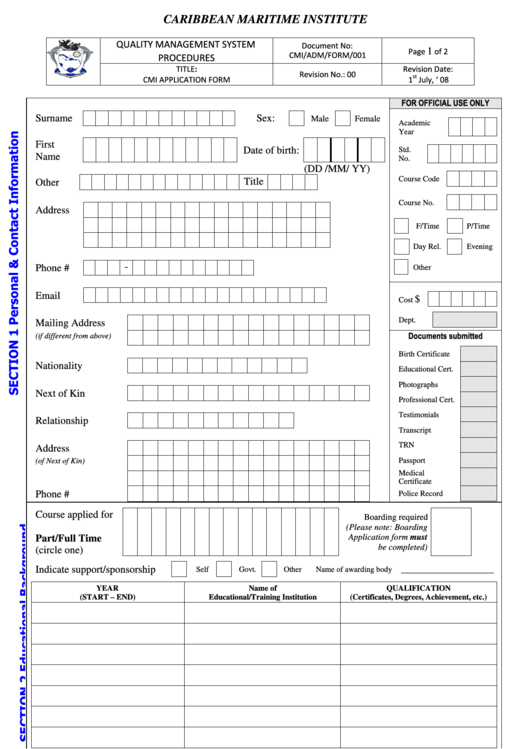 Caribbean Maritime Institute Job Application Form Printable pdf