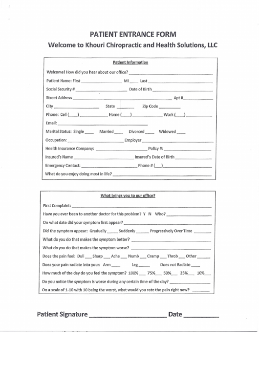 Patient Entrance Form Welcome To Khouri Chiropractic And Health Solutions, Llc Printable pdf