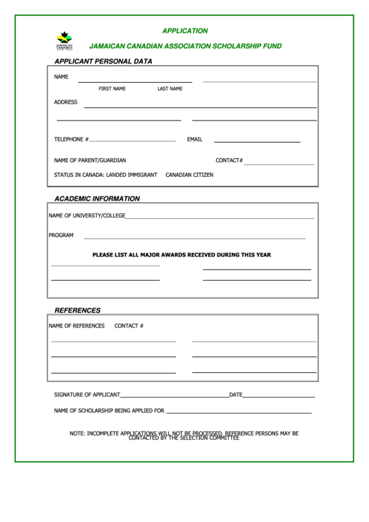 Jamaican Canadian Association Scholarship Printable pdf