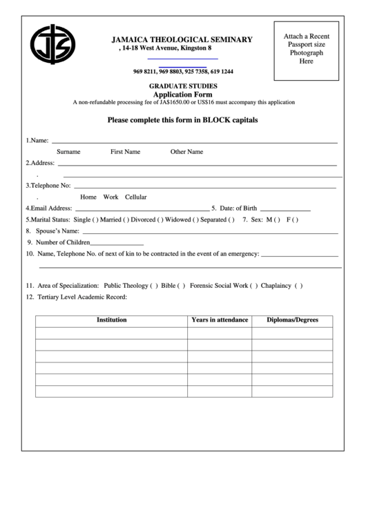 Jamaica Theological Seminary Graduate Studies Application Form Printable pdf