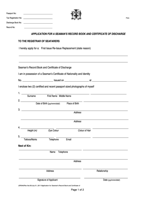Fillable Jsr046 - Application For A Seamans Record Book And Certificate Of Discharge Printable pdf