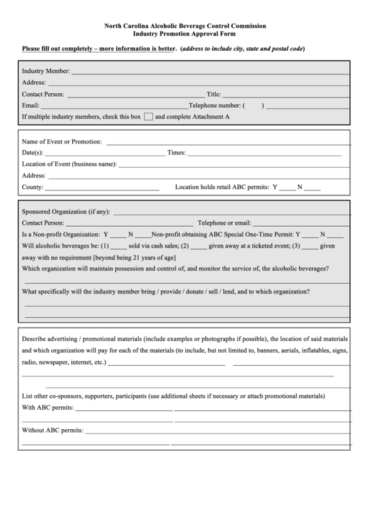North Carolina Alcoholic Beverage Control Commission - Industry Promotion Approval Form Printable pdf