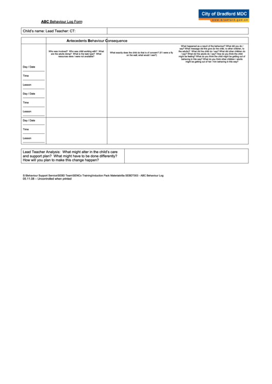 Abc Behaviour Log Form Printable pdf