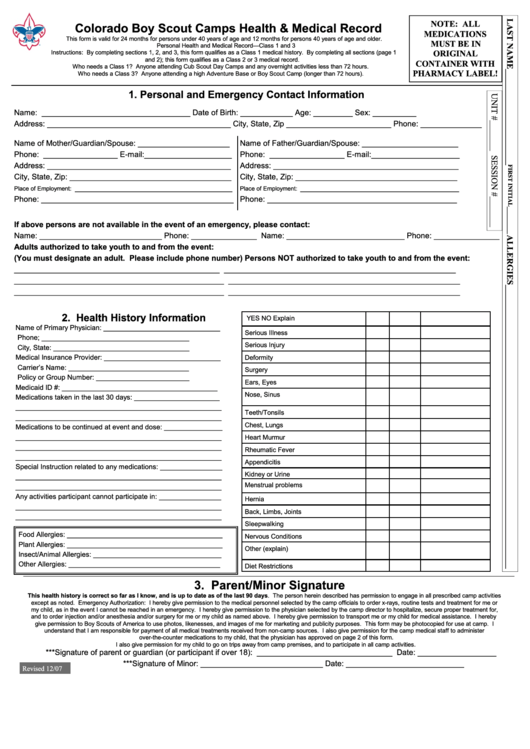 Colorado Boy Scout Camps Health And Medical Record Form Printable pdf