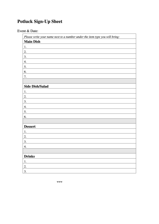 Potluck Sign-Up Sheet Printable pdf
