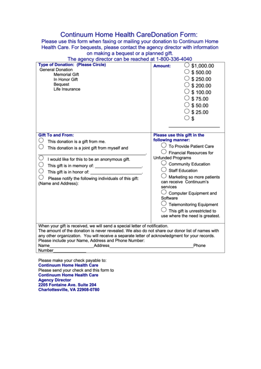 Continuum Home Health Care Donation Form Printable pdf